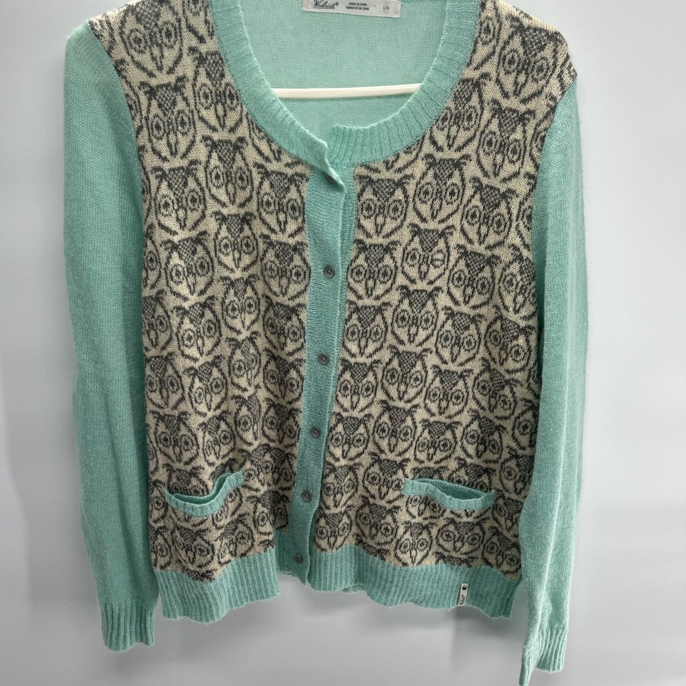 Woolrich Aqua and Cream Owl Pattern Cardigan